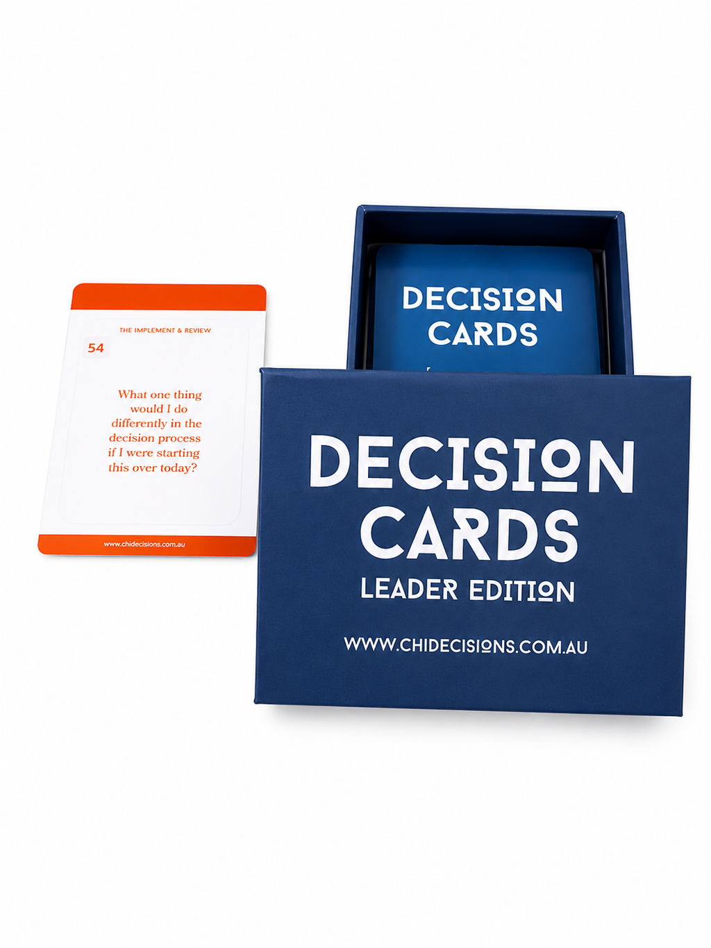 Decision Cards Leader Edition packaging with cards and box on a white background