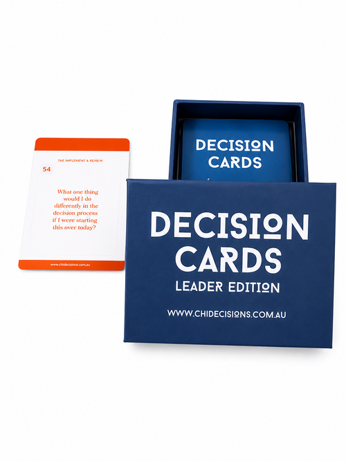 Decision Cards Leader Edition packaging with cards and box on a white background