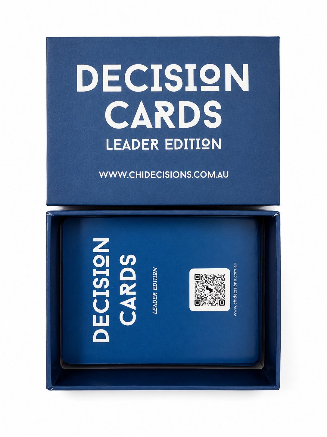 Blue box containing 'Decision Cards Leader Edition' with visible branding.
