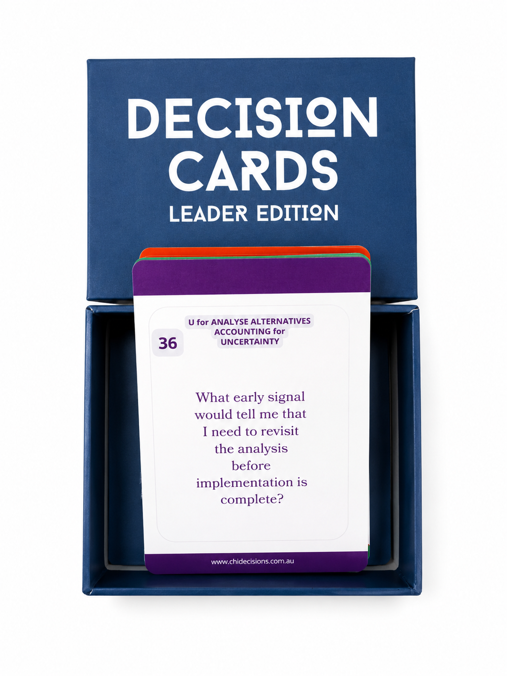 Decision Cards Leader Edition packaging with a card peeking out